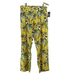 NWT‎ ELLIOT LAUREN Women's M Yellow Tropical Floral Linen Pants Wide Leg $159